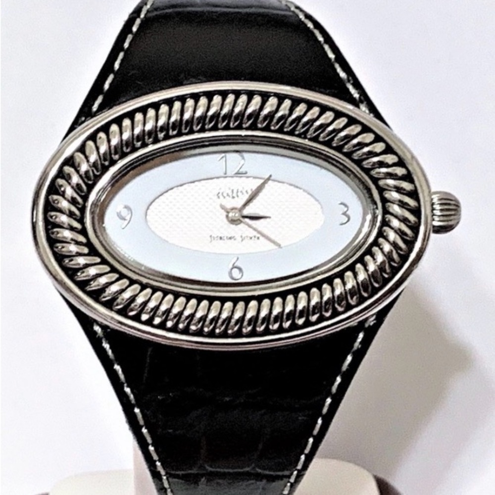 Black Leather Strap Women's Oval Silver-Tone Watch
